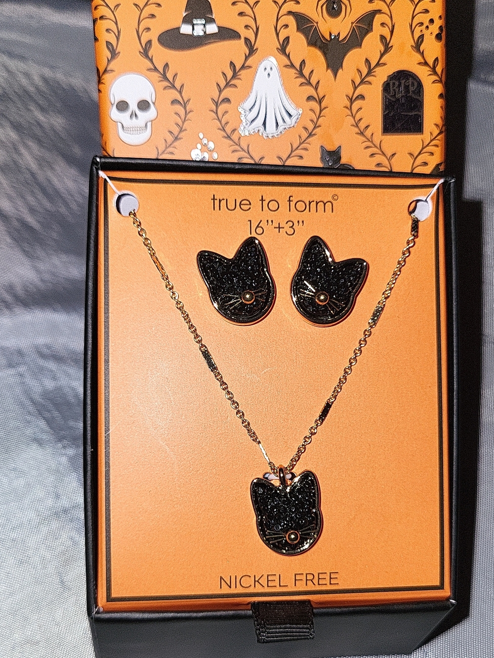 True to Form Black Cat Necklace and Earring Set Bnib Ti M